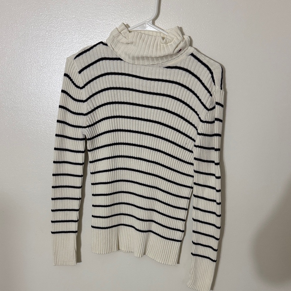Tommy Hilfiger Black and White Striped Turtleneck Sweater